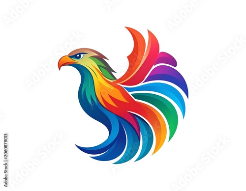 Vibrant multicolor rooster logo design with abstract feather patterns on white background