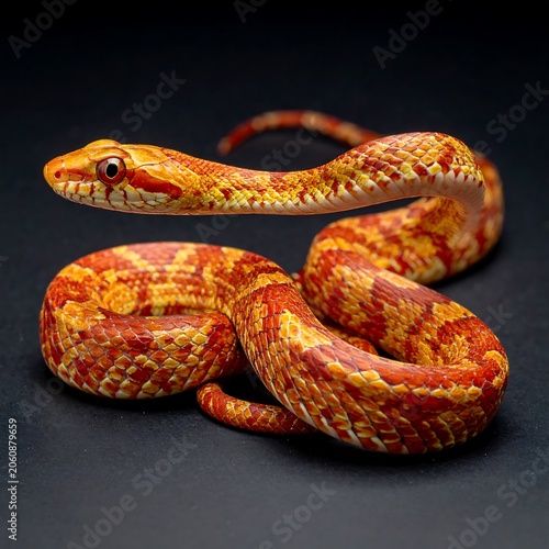 Vibrant orange and red corn snake coiled on dark surface