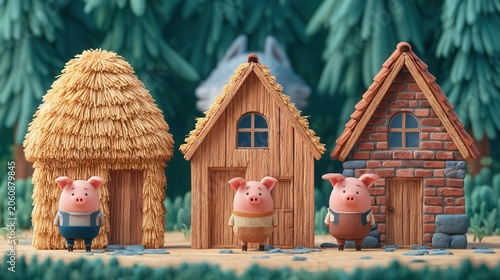 Three cute pigs standing in front of their straw wood and brick houses