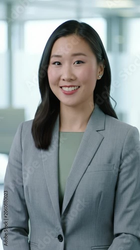 Polished young adult woman, warm smile, direct eye contact, gentle nod in a blurred corporate office with natural light, slow dolly push-in. Concept of corporate professionalism and empowerment
