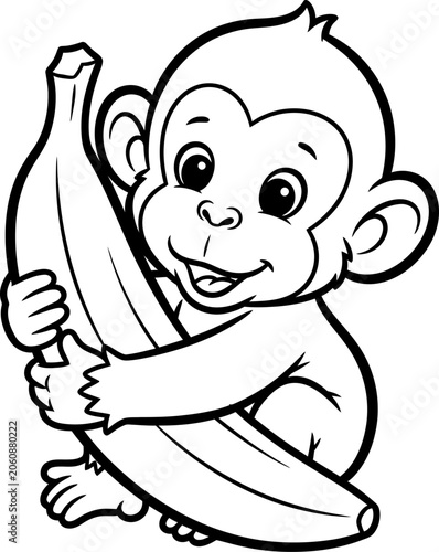 Canvas Print Cute baby monkey holding banana black and white cartoon illustration