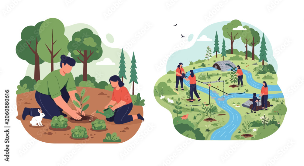 Fototapeta premium People planting trees and gardening for environmental care