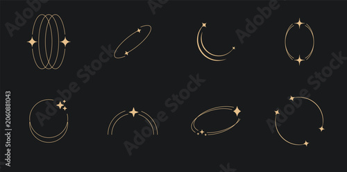 Sparkle star frame. wreath round stardust border for party, birthday decor design. laurel frame with, cosmic glitter shine. isolated black flat vector illustration.