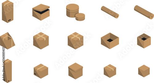 Fotografie Isometric cardboard boxes collection vector illustration for shipping delivery a