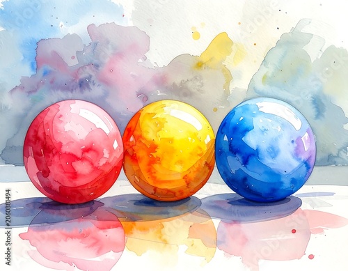 Vibrant primary color spheres with abstract watercolor background and reflection