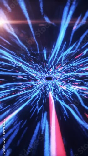 A high-speed pov video through a digital tunnel with blue, neon magenta, electric red light streaks, concept of digital transformation.