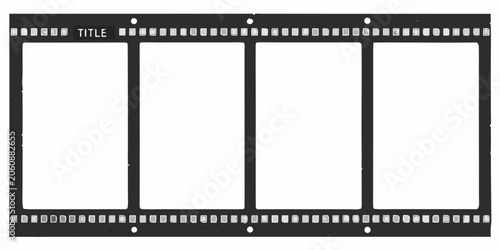 Blank film strip with six frames black border and sprocket holes on a white background