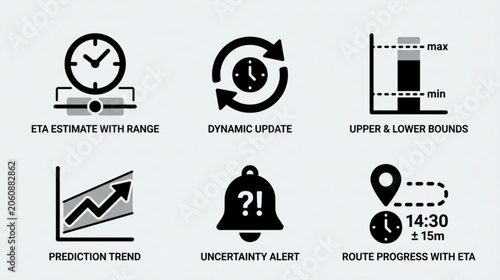 Graphic illustration of various transportation icons and symbols for ETA estimates and route progress