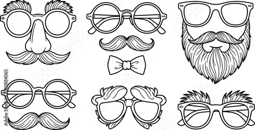 Tableau sur toile Funny disguise face accessories line art vector icon set isolated on white backg
