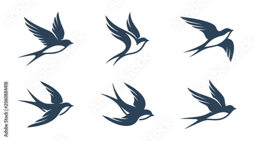 Foto Minimalist blue swallow bird silhouettes in flight.
