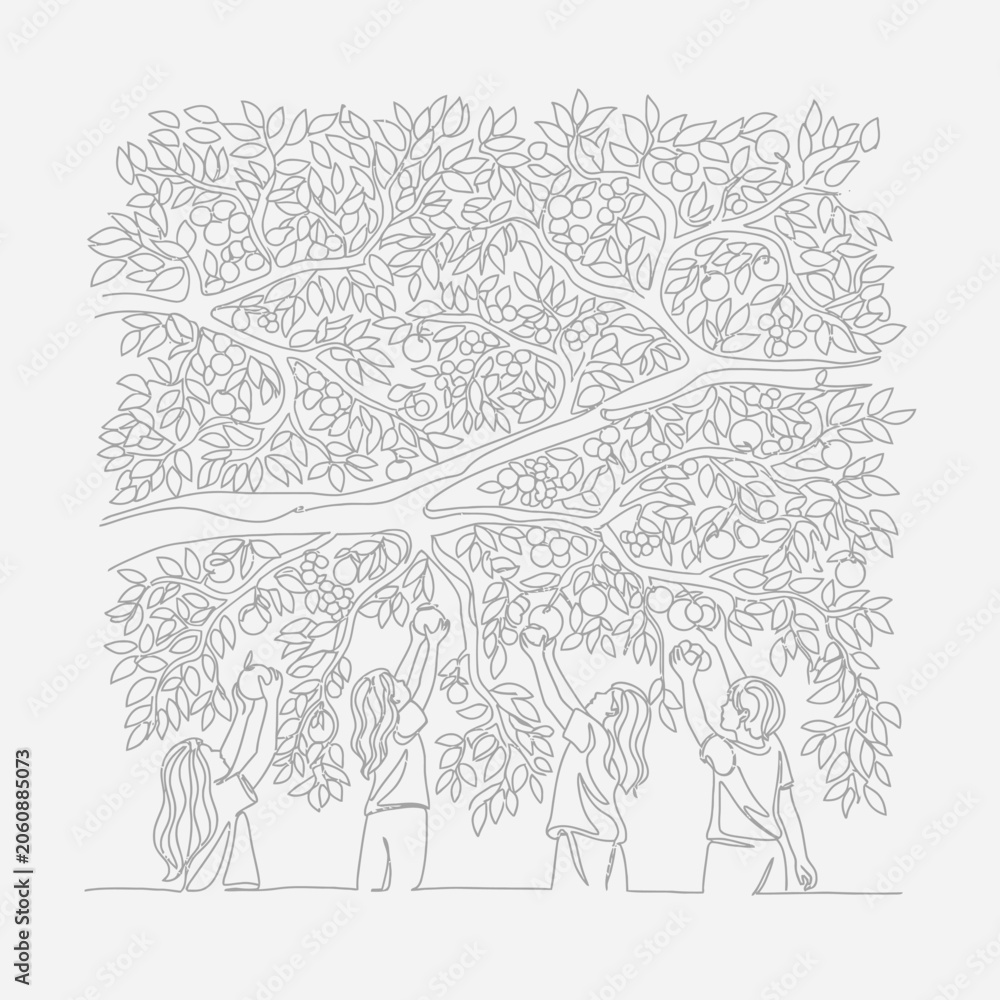 Obraz premium Children picking apples from a tree, vector illustration