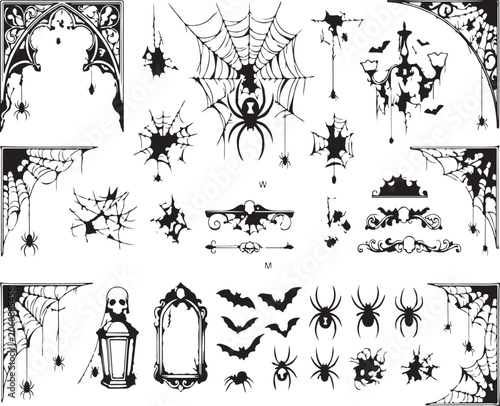 Gothic halloween silhouette elements set including spider webs bats lantern and spooky borders vector illustration