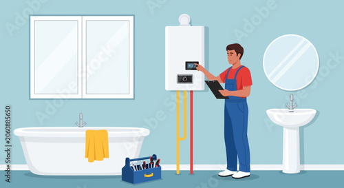Fotografie Plumber working on boiler in bathroom, plumbing repair service concept