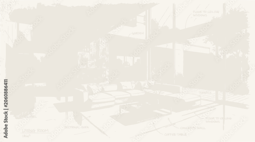 Fototapeta premium Modern Living Room Sketch with Large Windows and Sectional Sofa
