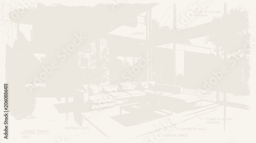 Modern Living Room Sketch with Large Windows and Sectional Sofa