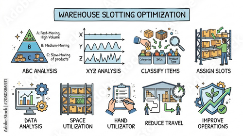 Warehouse slotting optimization concept with ABC analysis, XYZ analysis, classify items, and assign slots to improve operations and data analysis