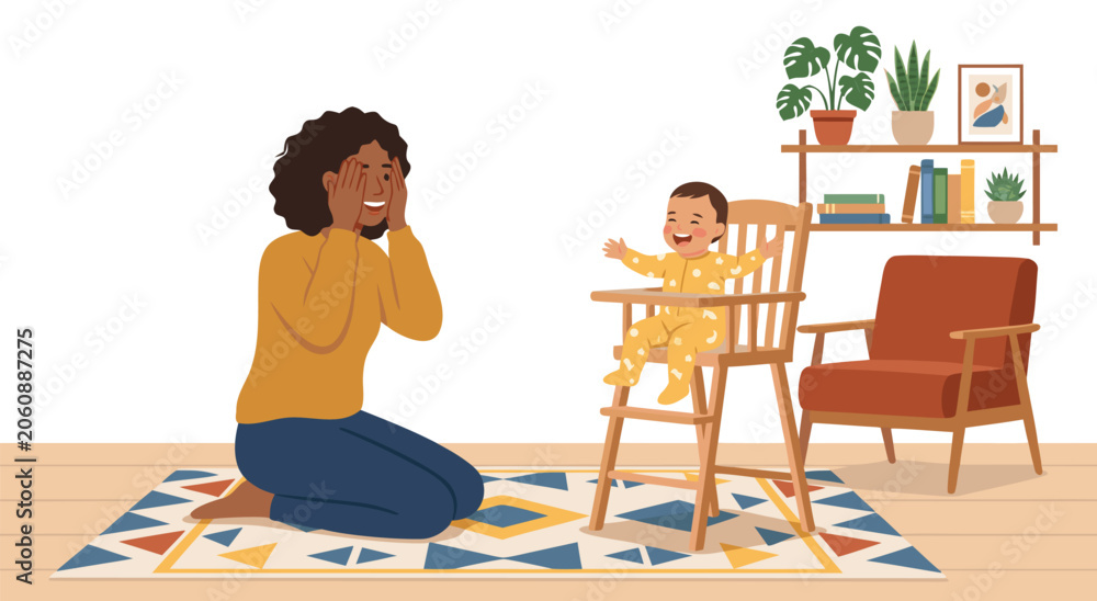 Fototapeta premium Happy Mother Playing Peekaboo With Her Baby Vector Illustration for Parenting and Family Life Concepts in a Cozy Home Setting