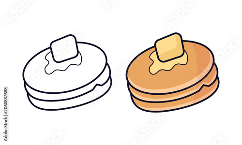 Foto A charming hand-drawn vector illustration of a stack of fluffy pancakes topped with a melting pat of butter, showing a blank outline version beside a warm golden-brown colored version