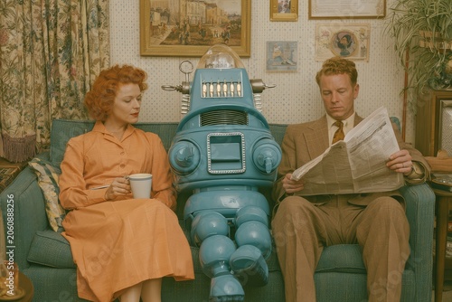 Retro Sci-Fi Couple with Robot in Vibrant Living Room, Nostalgic Domestic Scene
