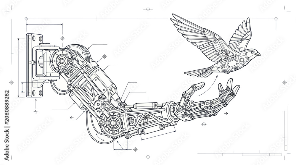 Obraz premium Robotic Arm and Mechanical Bird Blueprint Illustration