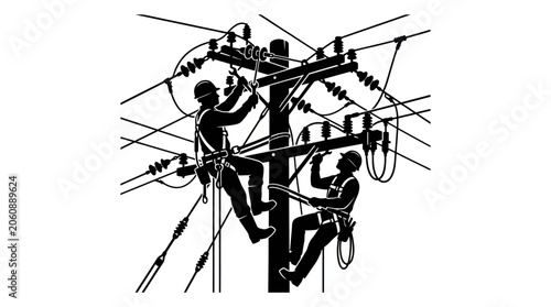 Tableau sur toile Linemen Working on Utility Pole Vector Illustration