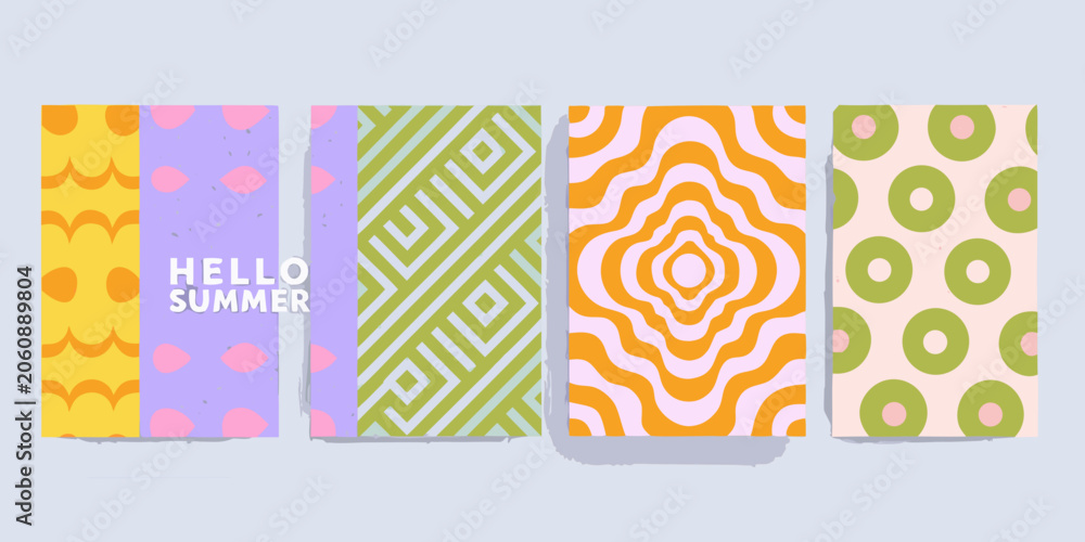 Obraz premium Retro style summer cards with geometric patterns and text vector illustration