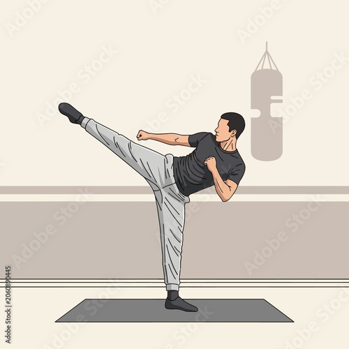 Martial artist performing a high kick exercise, training in gym
