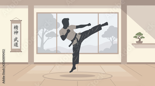 Martial artist silhouette practicing kick in a dojo with bonsai