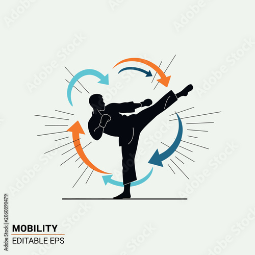 Martial artist silhouette with motion arrows - karate illustration
