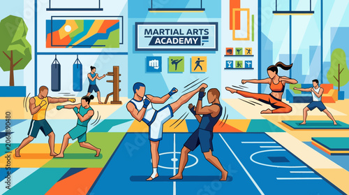 Martial Arts Academy: Diverse Training and Fitness Illustration