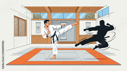 Martial Artist Kicking with Shadow Illustrated