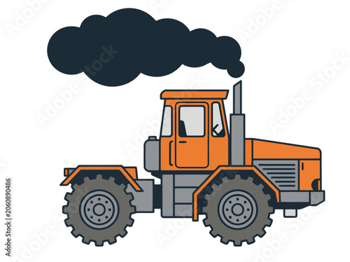 Foto An orange industrial tractor emits smoke, depicted in a flat, graphic style