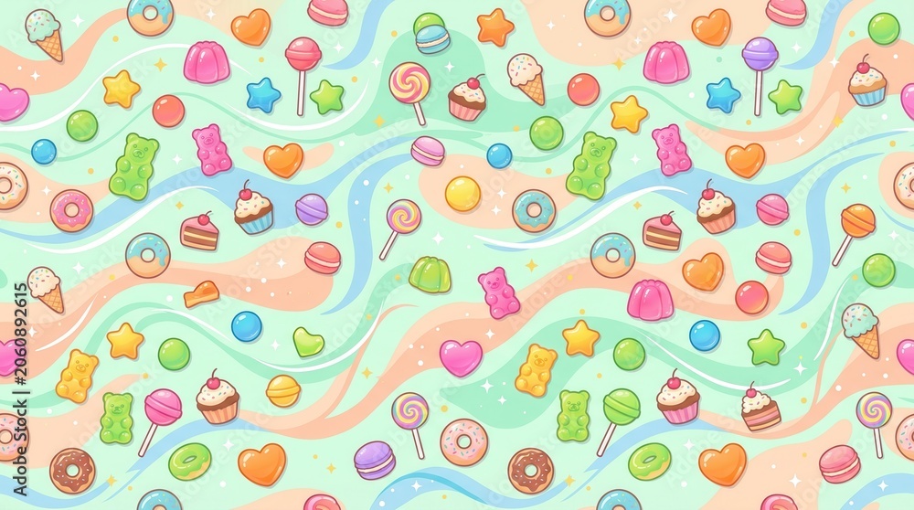Naklejka premium Pastel background with various candies, donuts, cupcakes, and gummy bears in a fun pattern