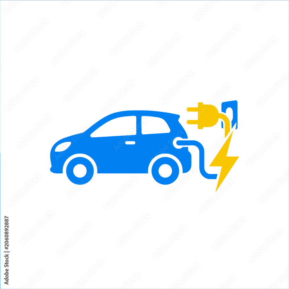 Naklejka premium A blue electric vehicle icon with a yellow charging plug symbol