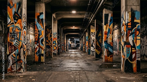 Colorful graffiti art on concrete pillars in a dark urban tunnel
