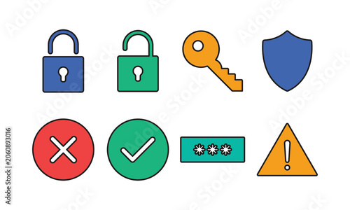 Security outline color icons collection featuring padlock key shield checkmark and password graphic.