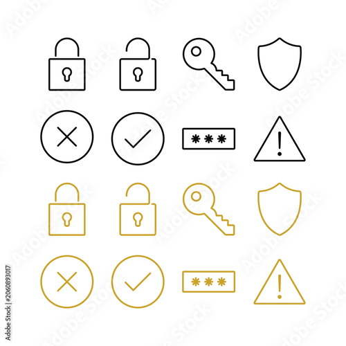 Security outline icons set with padlock key shield checkmark cross and password for web and mobile.
