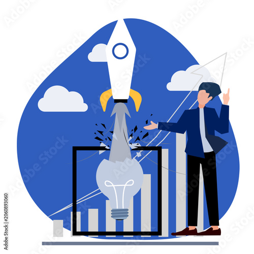 Creative business innovation concept with a rocket launching from a light bulb and breaking through a frame, symbolizing breakthrough ideas, growth, success, and transformation.