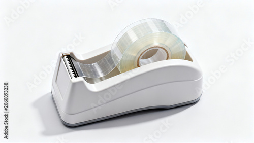 A white and gray tape dispenser holding a shiny clear roll of scotch tape with iridescent reflections.