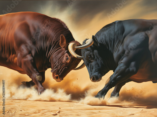 Brown and Black Bulls Facing Each Other in Dusty Arena