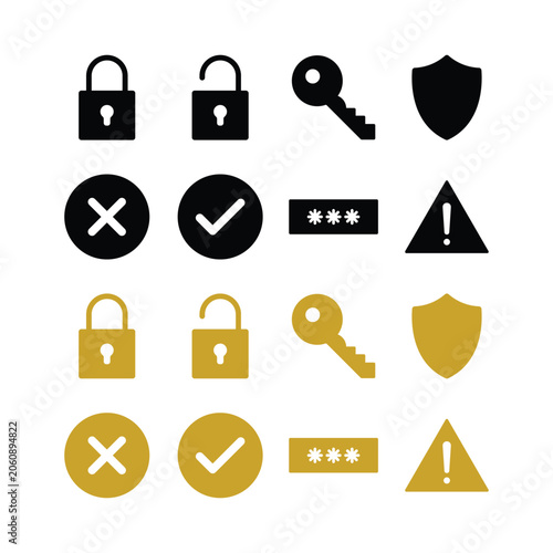 Security solid icons collection featuring padlock key shield checkmark and password symbols for web.