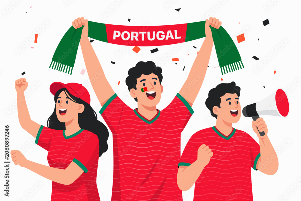 Fototapeta premium Vector illustration of enthusiastic Portuguese football supporters celebrating a victory with national colors, fan scarf, cheering crowd, and festive atmosphere. Ideal for soccer tournaments, champion