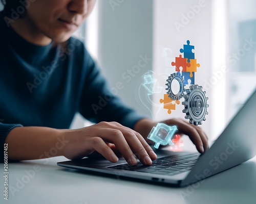 Woman Typing on Laptop with Puzzle Pieces and Gears Floating Above Keyboard in Modern Office