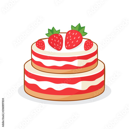 Cartoon strawberry cake with cream and berries