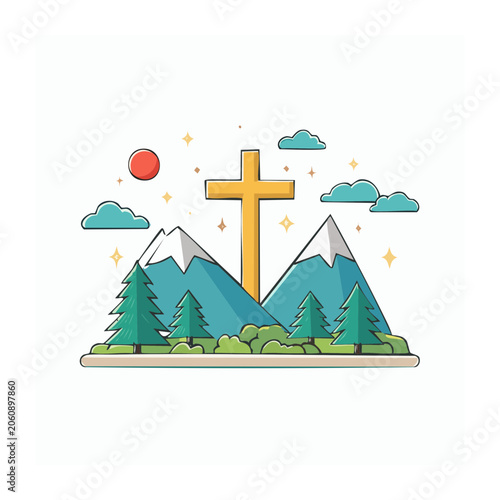 Christian cross in a mountain landscape with trees and sun