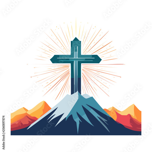 Christian cross on mountain with sunburst