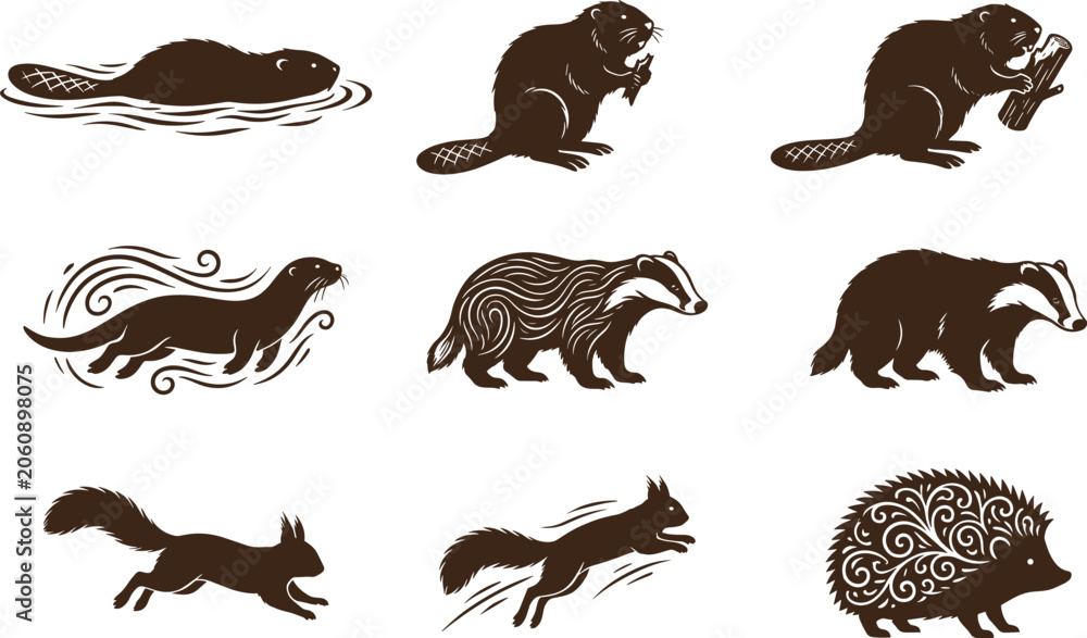 Obraz premium Vector Set of Linocut Style Woodland Animals Including Beaver Otter Badger Squirrel and Hedgehog Illustrations for Creative Nature Graphic Design Projects