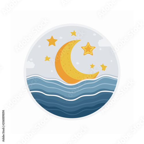 Crescent Moon and Stars Over Ocean Waves Illustration