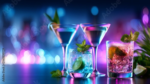 Vibrant Rooftop Bar Scene with Tropical Drinks and Colorful Cocktails at Night