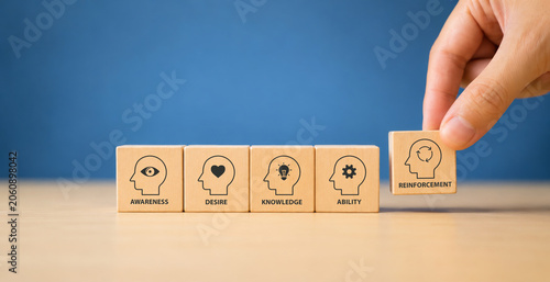 ADKAR model. Awareness, Desire, Knowledge, Ability, Reinforcement. Business Strategy. Change management concept. Methodology for success of change. Businessman puts wooden cube with icon change model